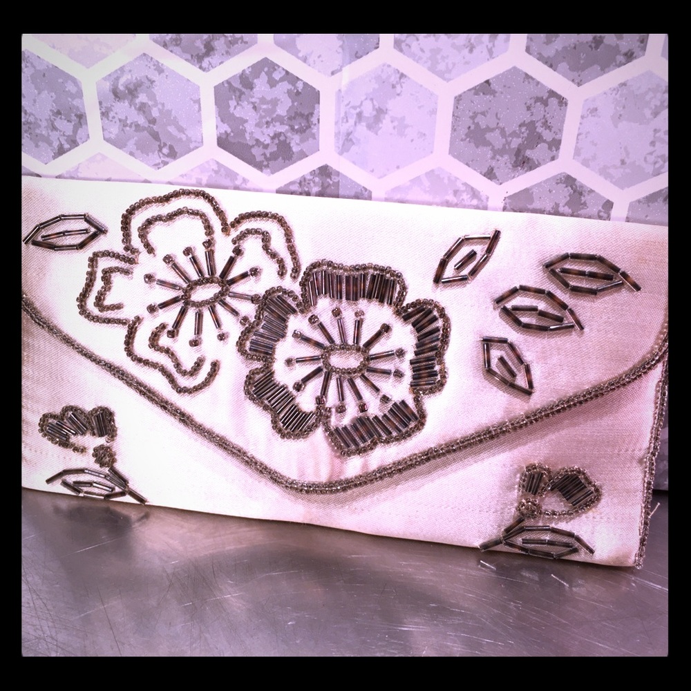 70s Glam Hand-Beaded Ivory Satin Envelope Clutch